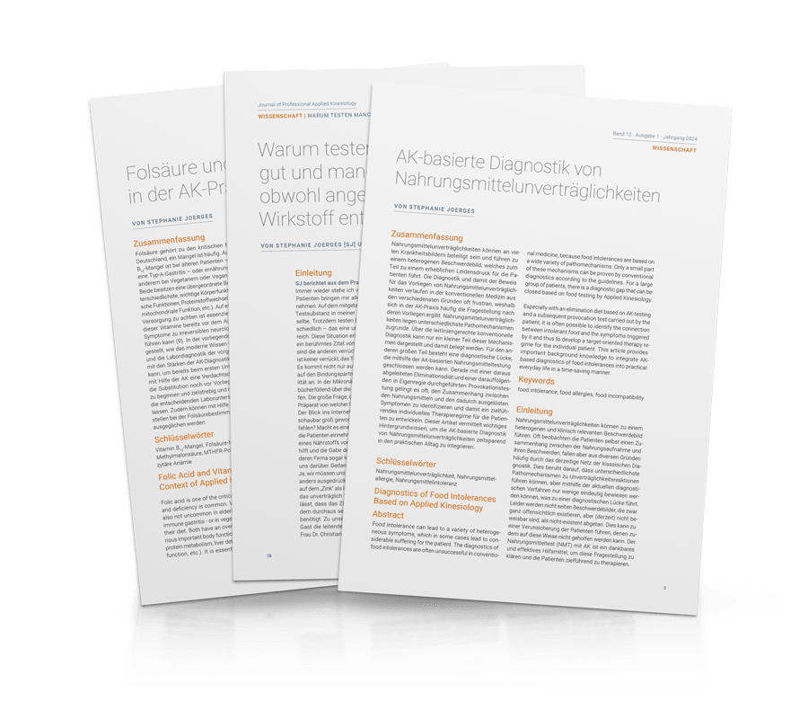 Drei Fachartikel von Dr. Stephanie Joerges – Applied Kinesiology, Mikronährstoffmedizin und funktionelle Diagnostik bei Nahrungsmittelunverträglichkeiten. Downloadbereich der Privatpraxis am Englischen Garten München, mit Impulsen von Wolfgang Gerz und Dr. Lars Kurvin.
