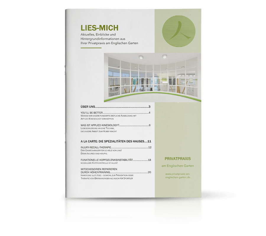Titelseite der Patientenbroschüre von Dr. Stephanie Joerges – funktionelle Medizin, Applied Kinesiology und Mikronährstofftherapie in der Privatpraxis am Englischen Garten München.