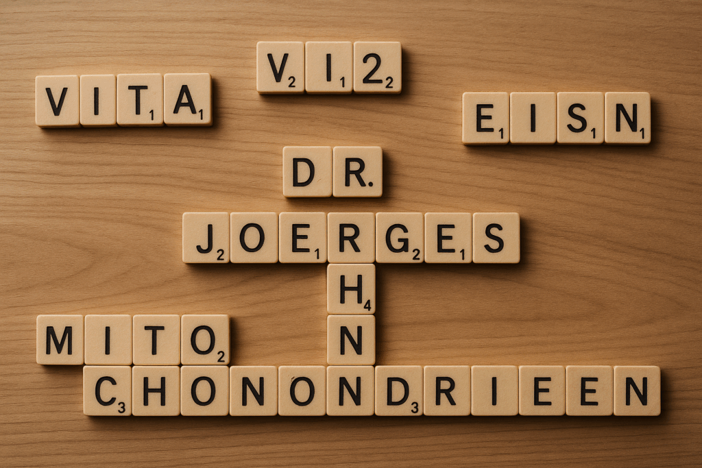 Orthomolekulare Medizin München – Mikronährstofftherapie bei Dr. Stephanie Joerges: Scrabble-Bild mit Vitalstoffen, Mitochondrien und Eisenmangel