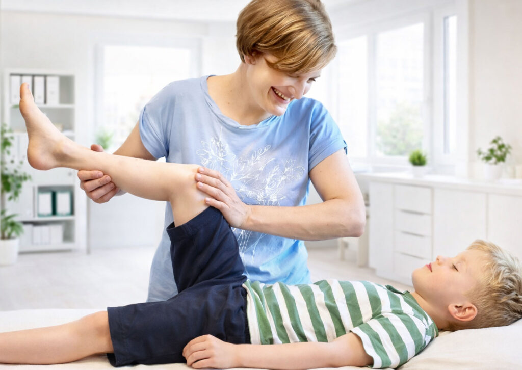 Dr. Stephanie Joerges bei der Durchführung einer Applied Kinesiology Muskeltestung bei einem jungen Patienten – funktionelle Myodiagnostik in der Privatpraxis für ganzheitliche Medizin, München.