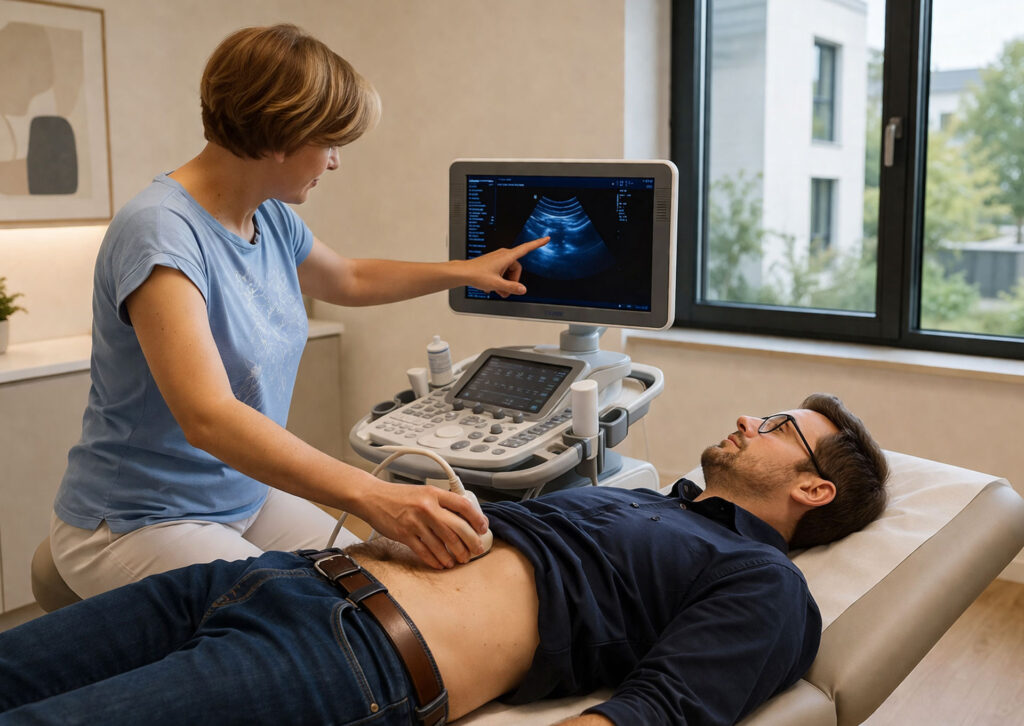 Dr. Stephanie Joerges bei der Ultraschalluntersuchung von Bauch und Schilddrüse in München – Schwerpunkt Hashimoto & Abdomen-Sonographie